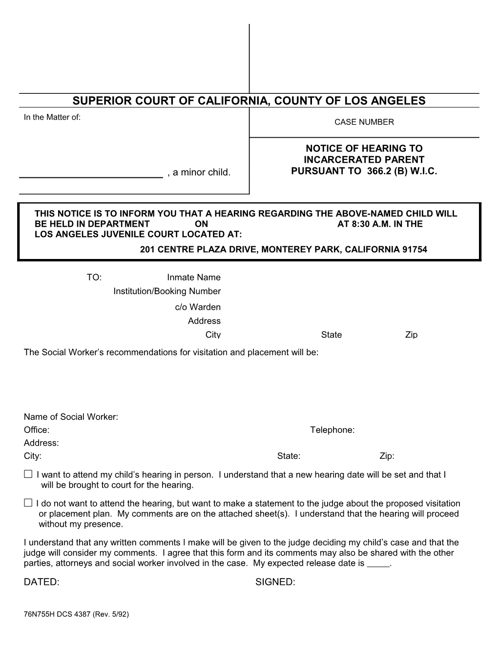 Notice of Hearing to Incarcerated Parent WIC 366.2