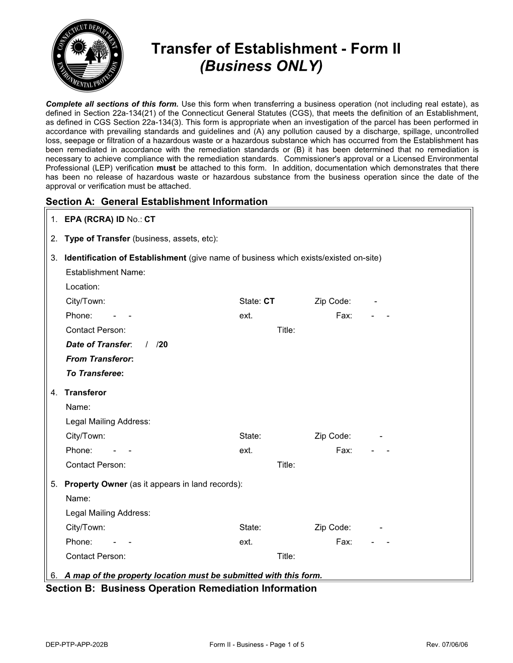 Transfer of Establishment - Form II (Business Only)