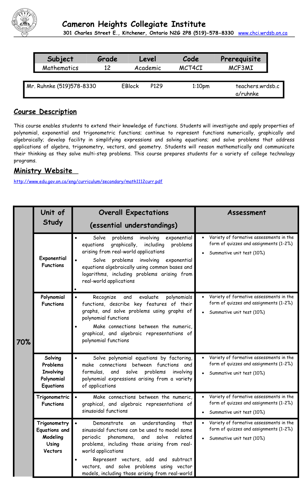 Course Outline MPM 2DW - Grade 10 Enhanced Mathematics