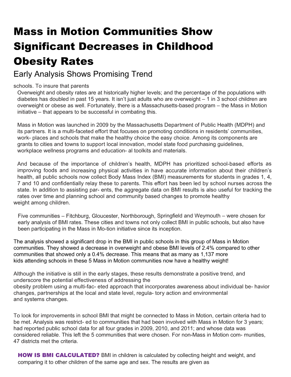 Mass in Motion Communities Show Significant Decreases in Childhood Obesity Rates