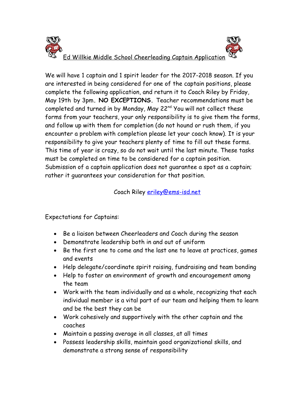 Panther Cheerleading Captain Application