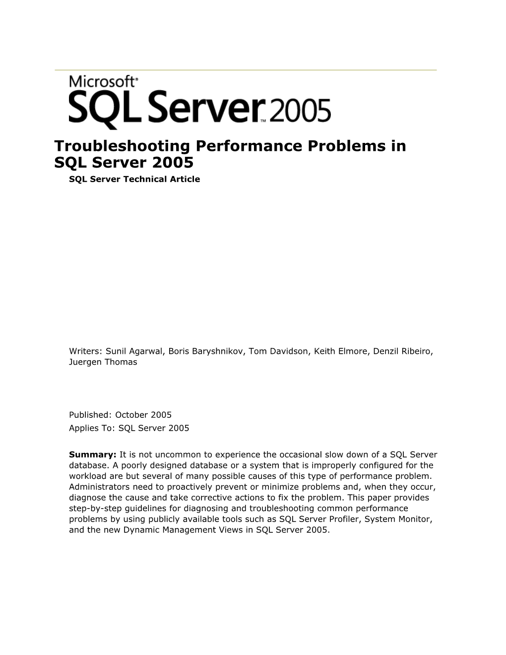 Troubleshooting Performance Problems in SQL Server 2005