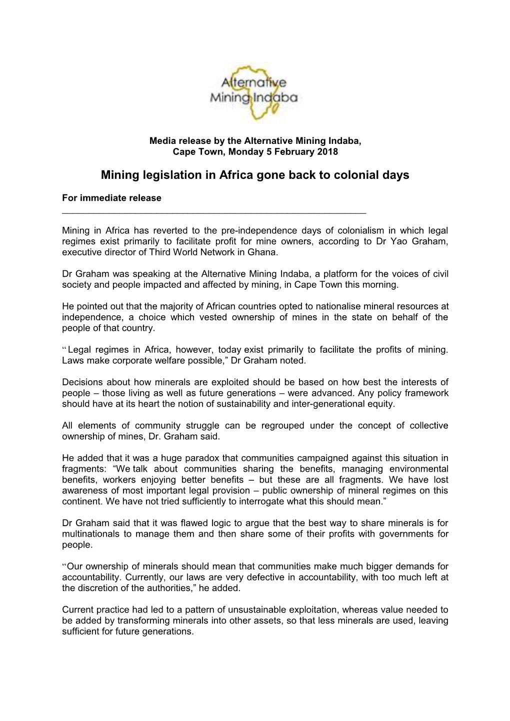 Media Release by the Alternative Mining Indaba