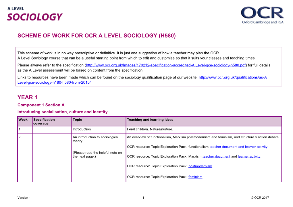 A Level Sociology (H580) Scheme of Work