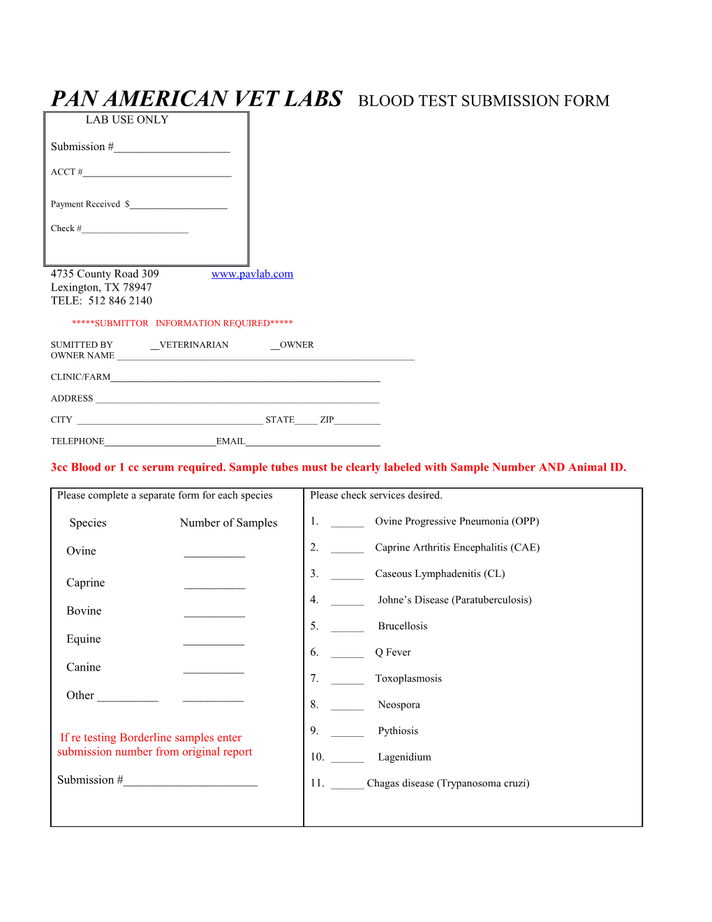 Pan American Vet Labs Sample Submission Form