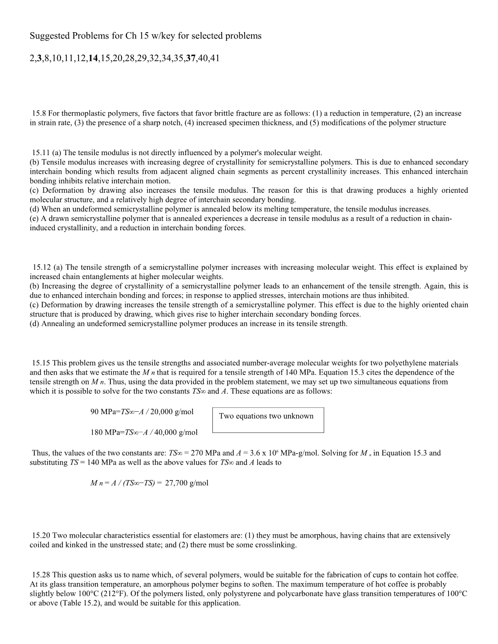 Suggested Problems for Ch 15 W/Key for Selected Problems