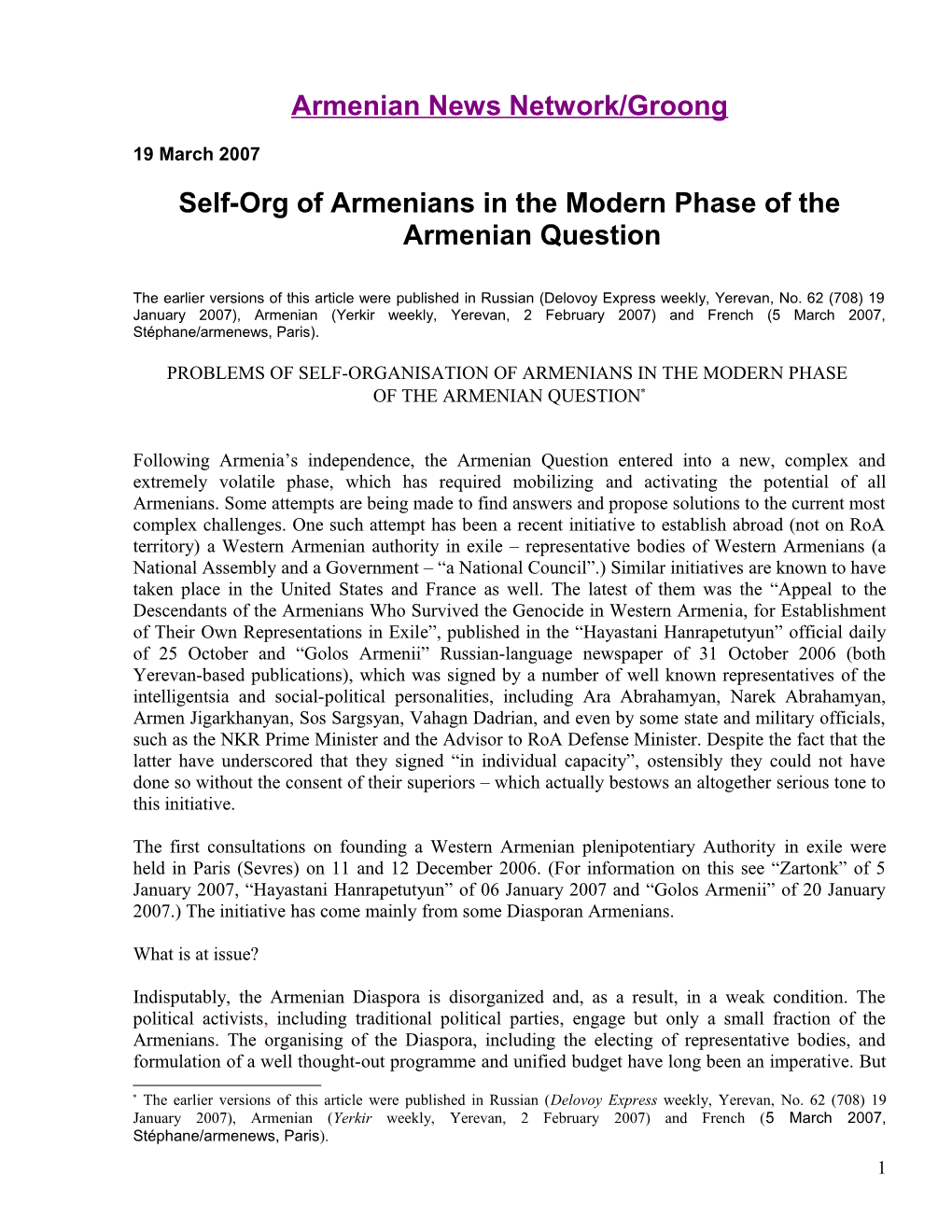 Problems of Self-Organisation of Armenians in the Modern Phase of the Armenian Question