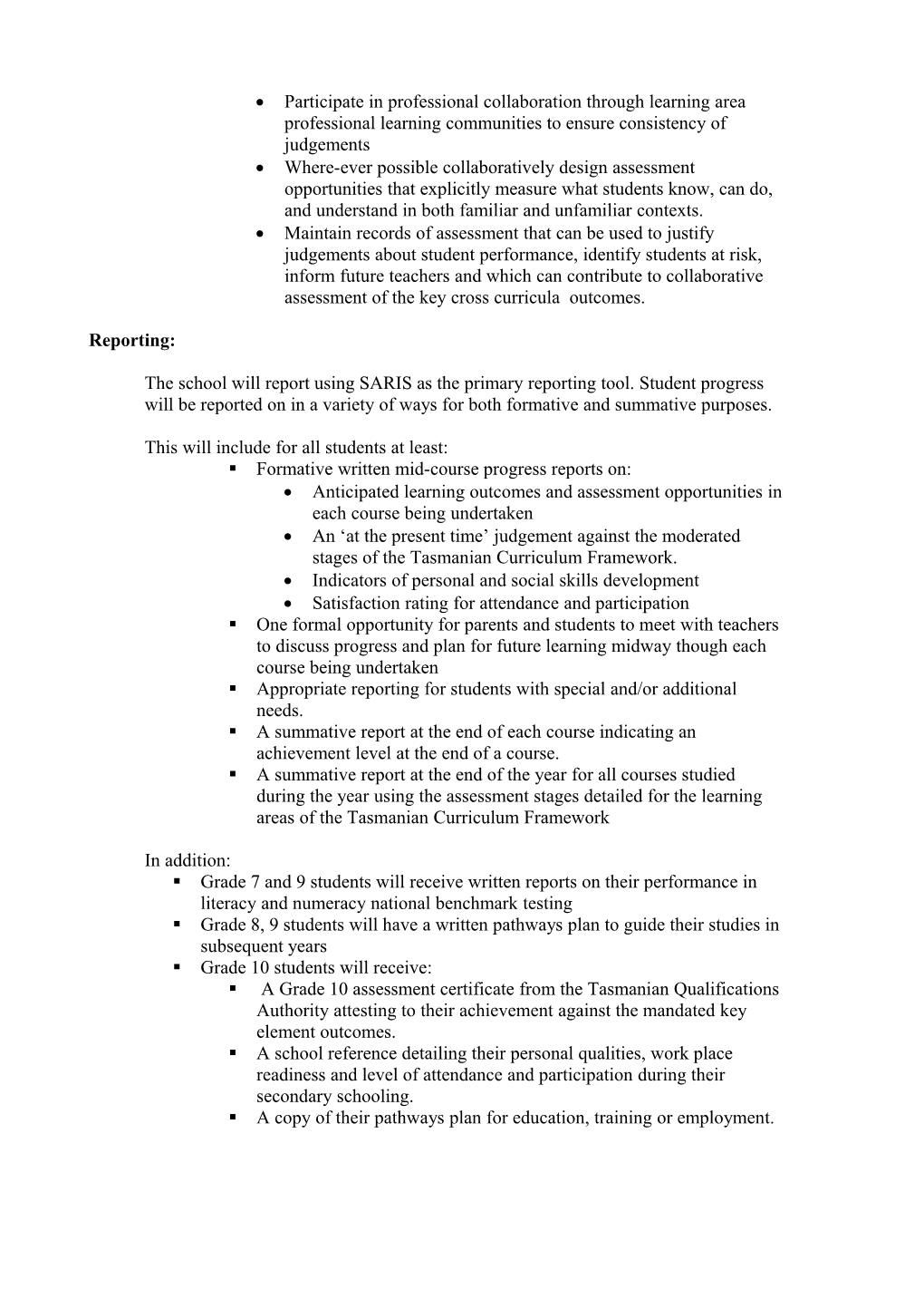 Draft Assessment and Reporting Policy 2005