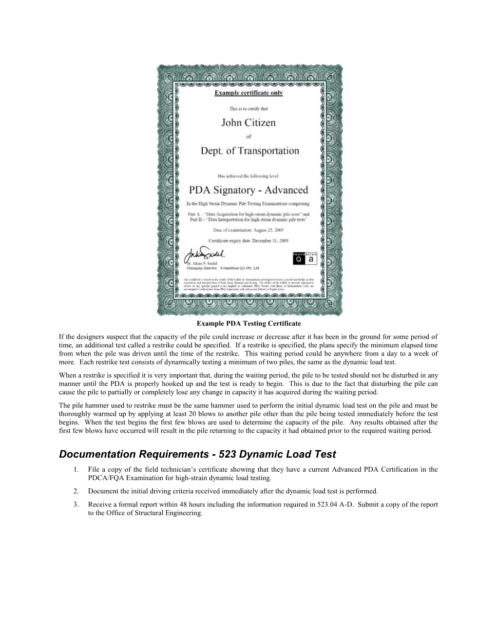 Documentation Requirements 523 Dynamic Load Test