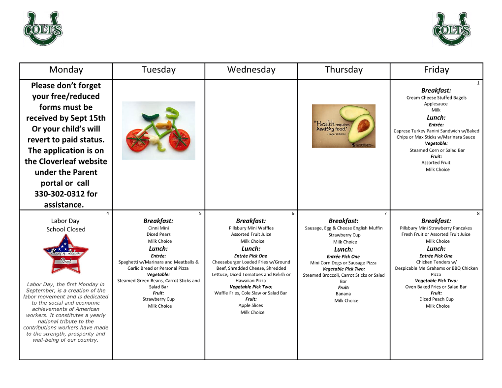 The USDA Is an Equal Opportunity Provider of Free/Reduced Lunches. Menu Subject to Change