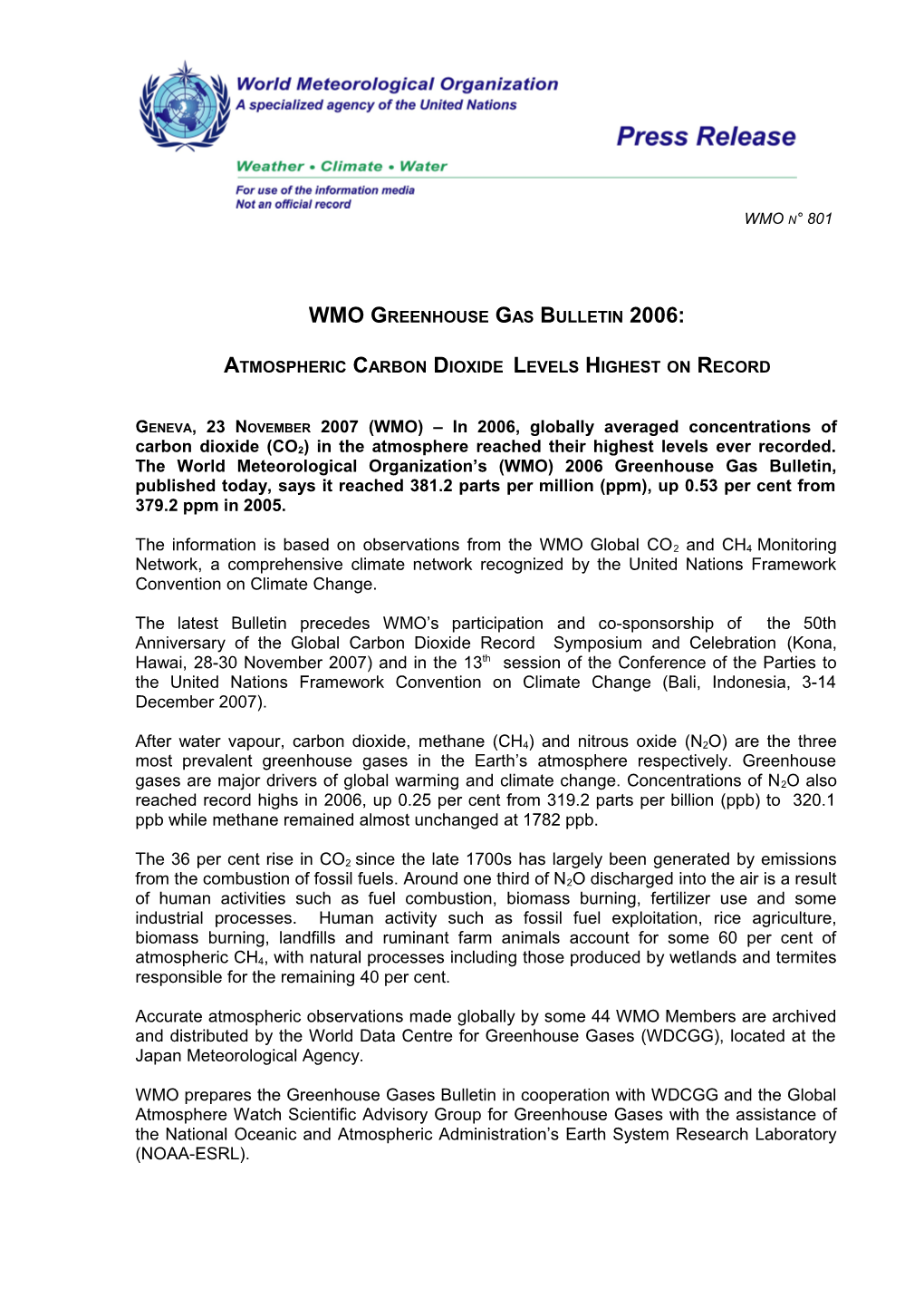 WMO Greenhouse Gas Bulletin 2006
