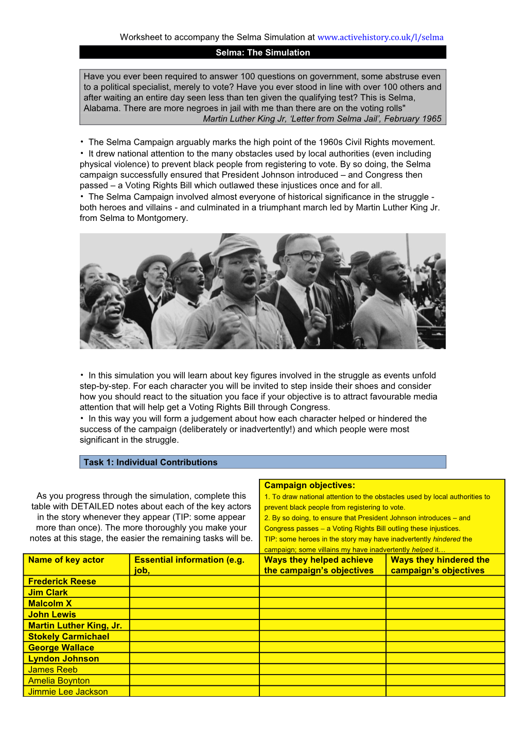 Worksheet to Accompany the Selma Simulation At