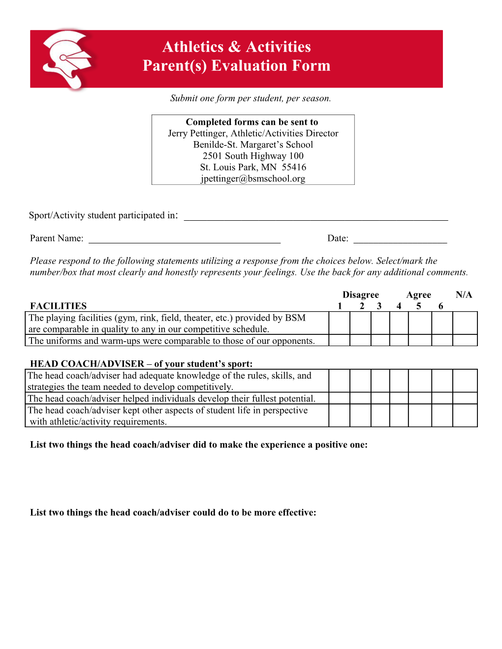 BSM Activities: Parent(S) Evaluation Form