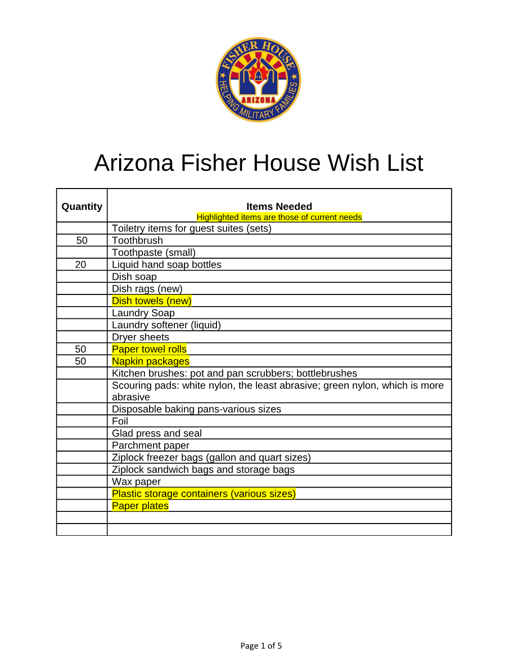 Arizona Fisher House Wish List