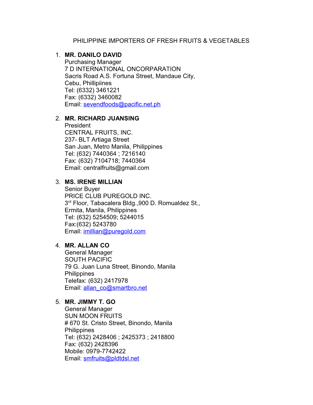 Philippine Importers of Fresg Fruits & Vegetables