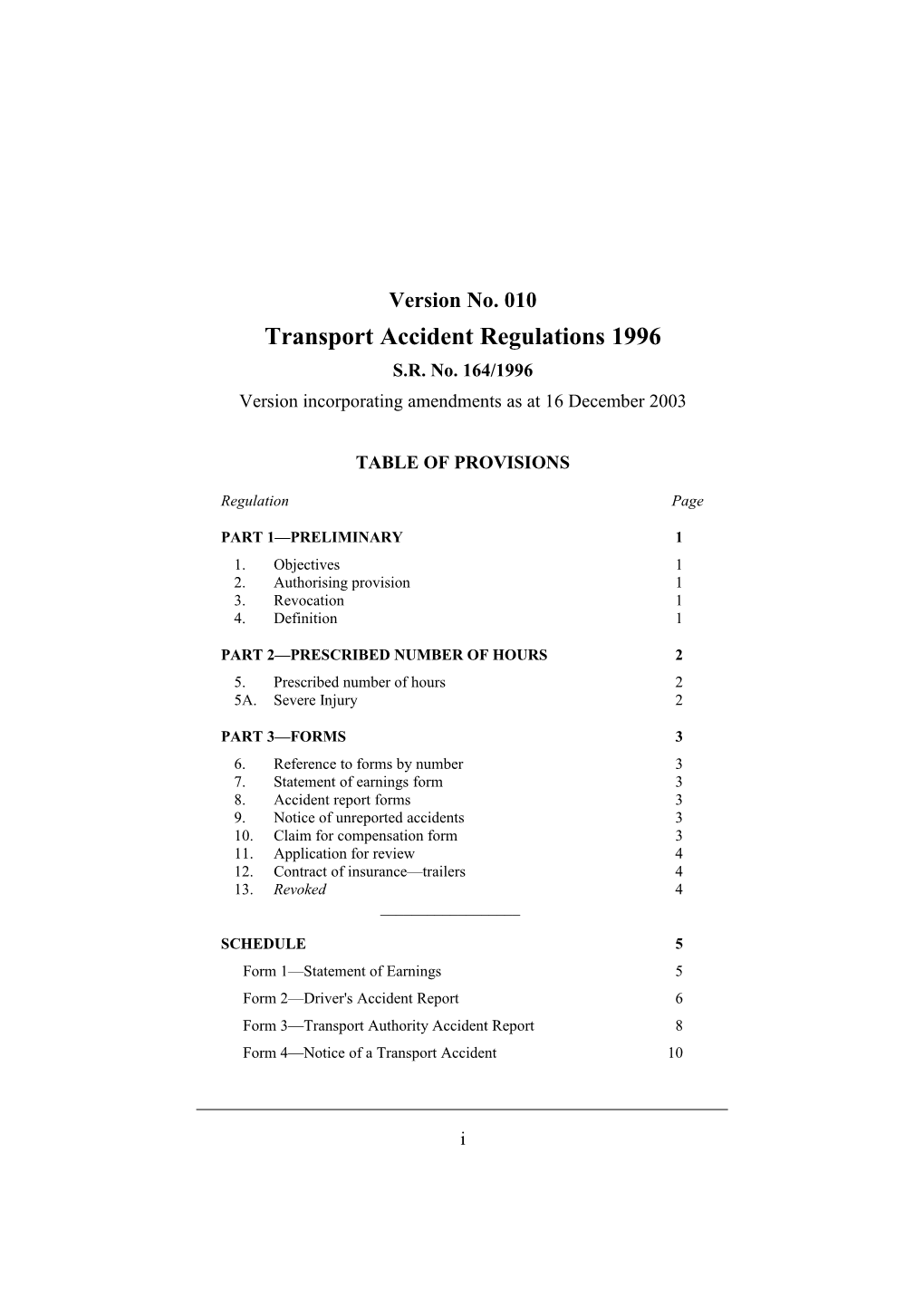 Transport Accident Regulations 1996