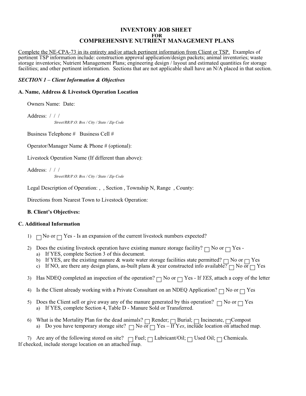 NE-CPA-73 Inventory Job Sheet for Comprehensive Nutrient Management Plans