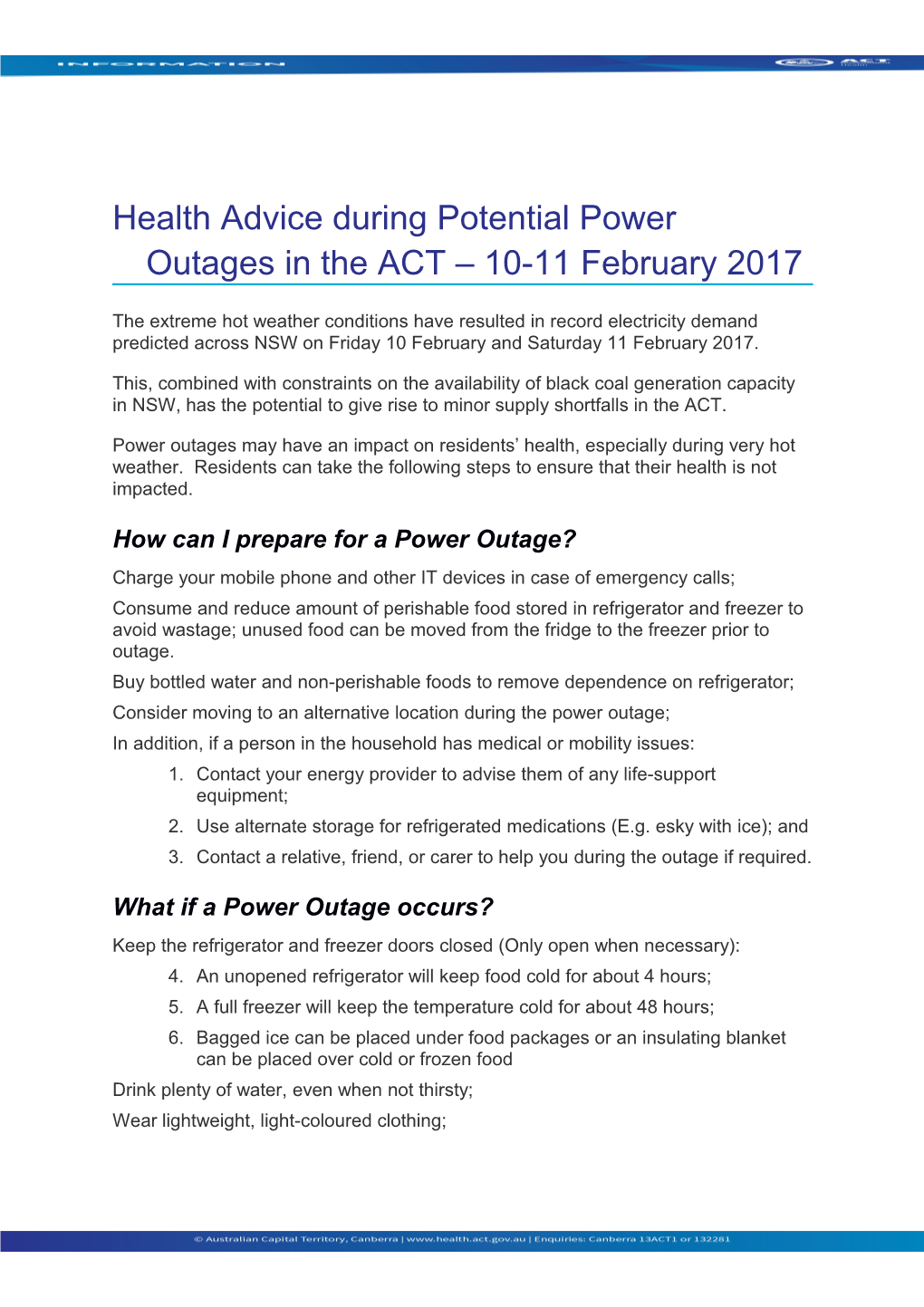 Health Advice During Potential Power Outages in the ACT 10-11 February 2017