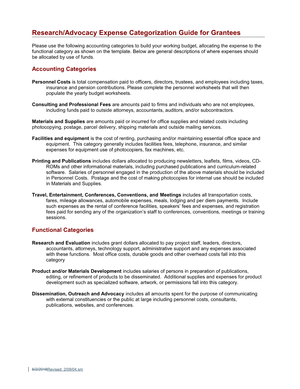 Research / Advocacy Expense Categorization Guide for Grantees