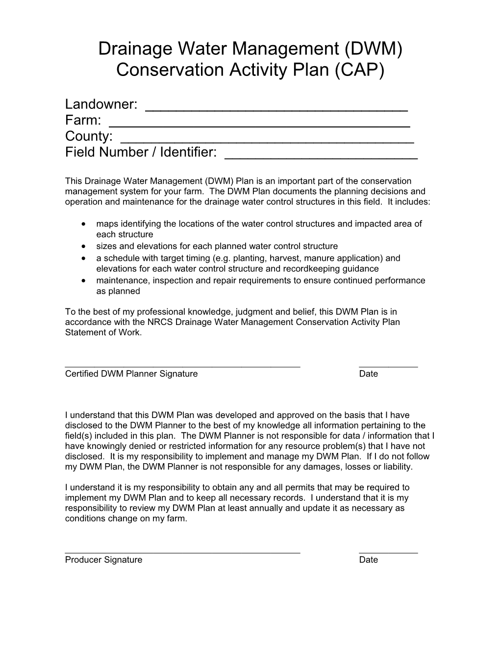 Template for a Drainage Water Management (DWM) Plan in Illinois