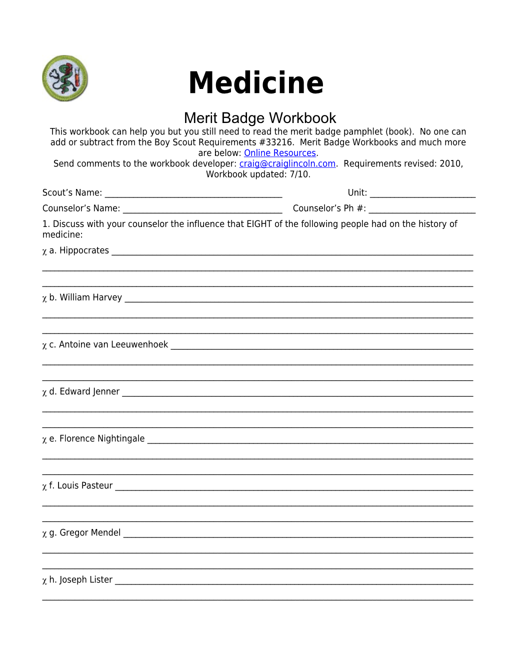 Medicine P. 1 Merit Badge Workbook Scout's Name: ______