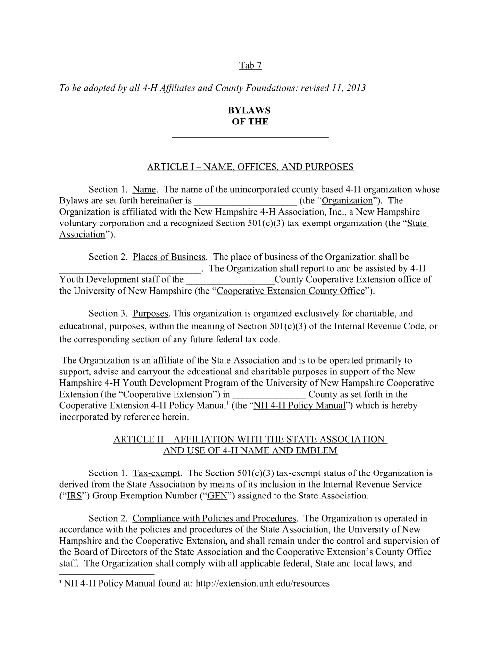 Tab 7 - Sample Bylaws for 4-H Affiliates/County Foundations (M2045483;1)
