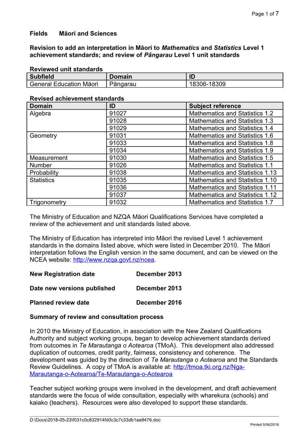 Revision to Add an Interpretation in Māori to Mathematics and Statistics Level 1 Achievement