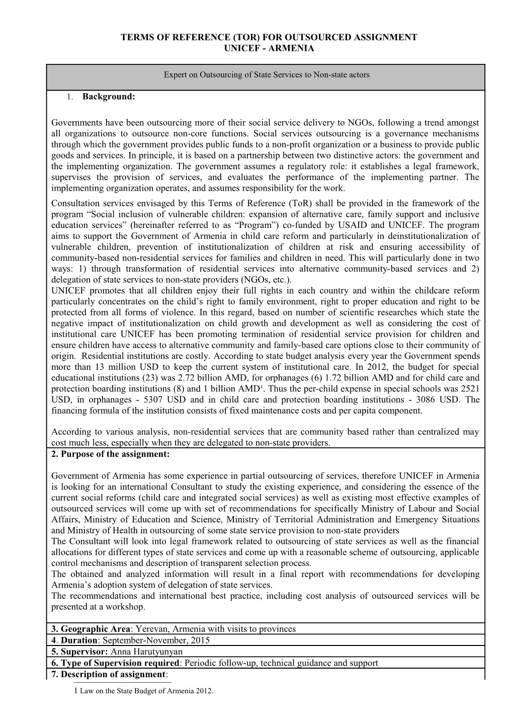 UNICEF-Swaziland: TERMS of REFERENCE (TOR) for OUTSOURCED ASSIGNMENT