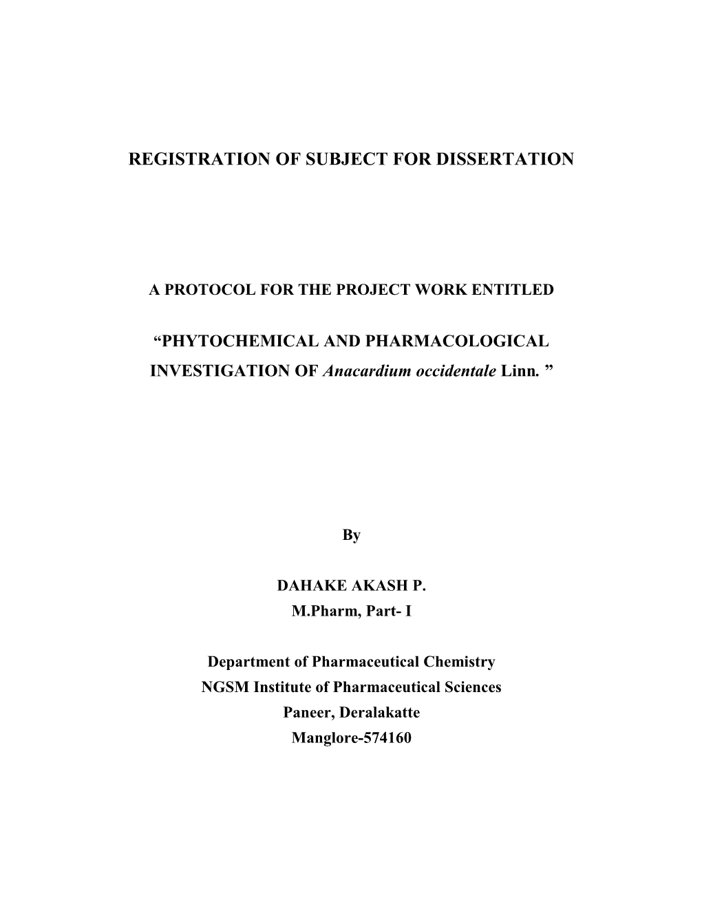 Registration of Subject for Dissertation