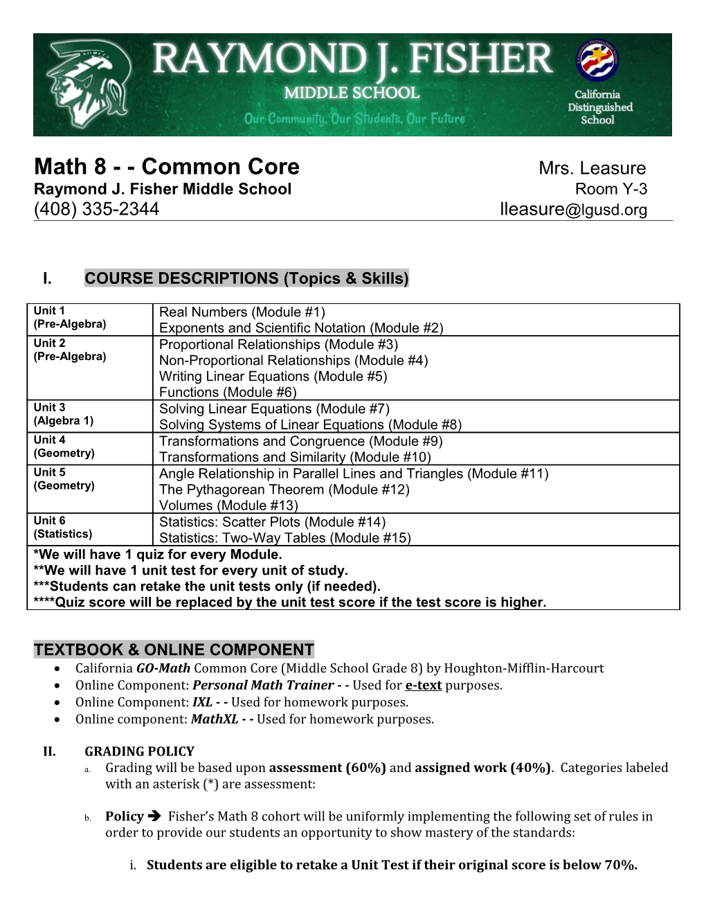 Math 8 - - Common Core Mrs. Leasure