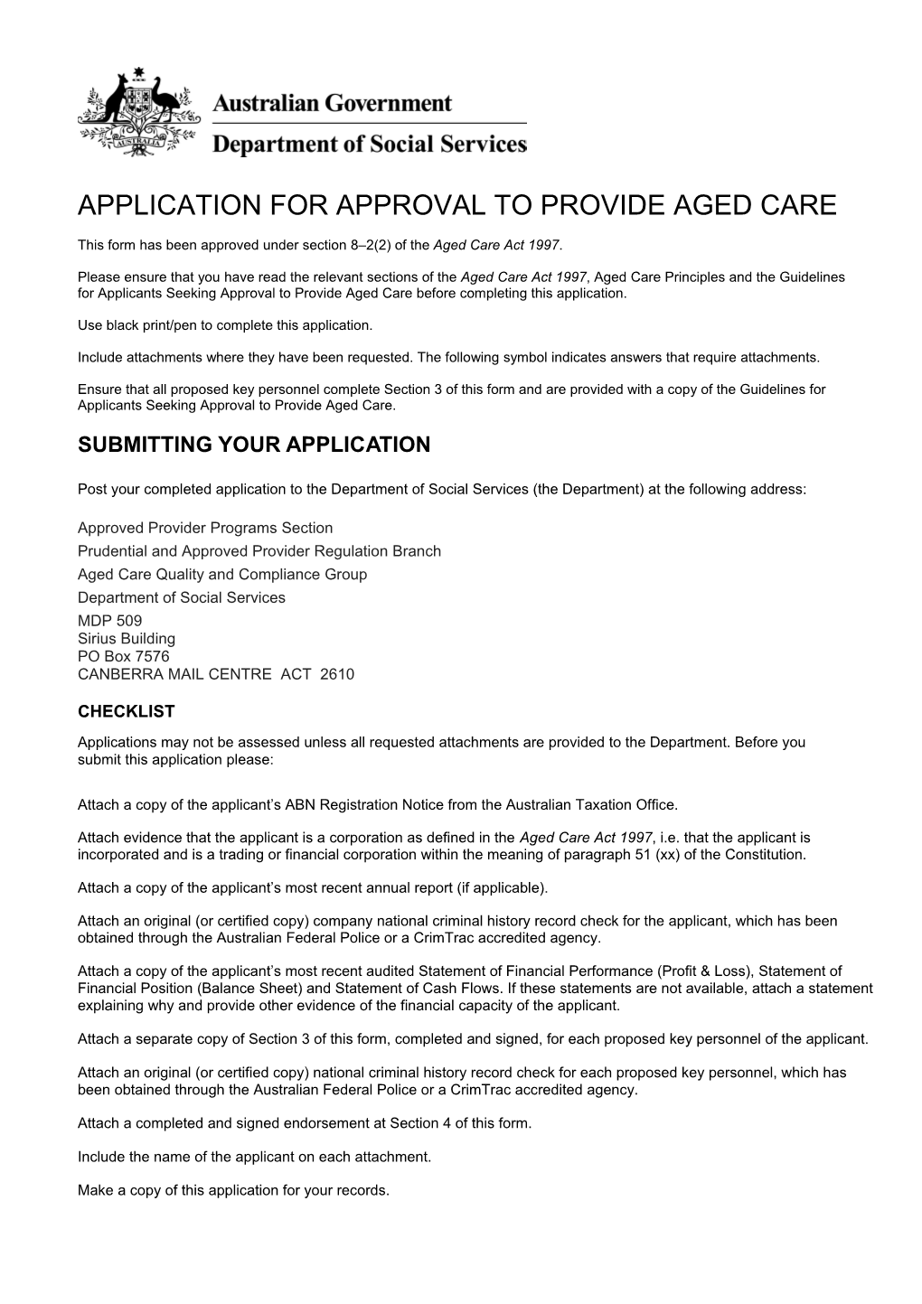 Application for Approval to Provide Aged Care