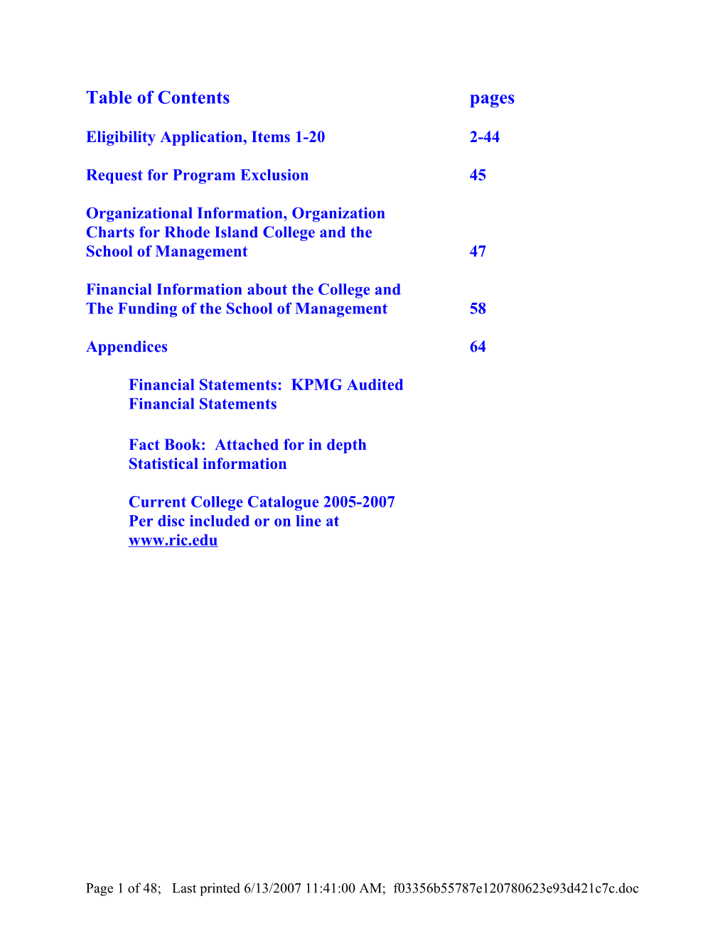 Table of Contents Pages