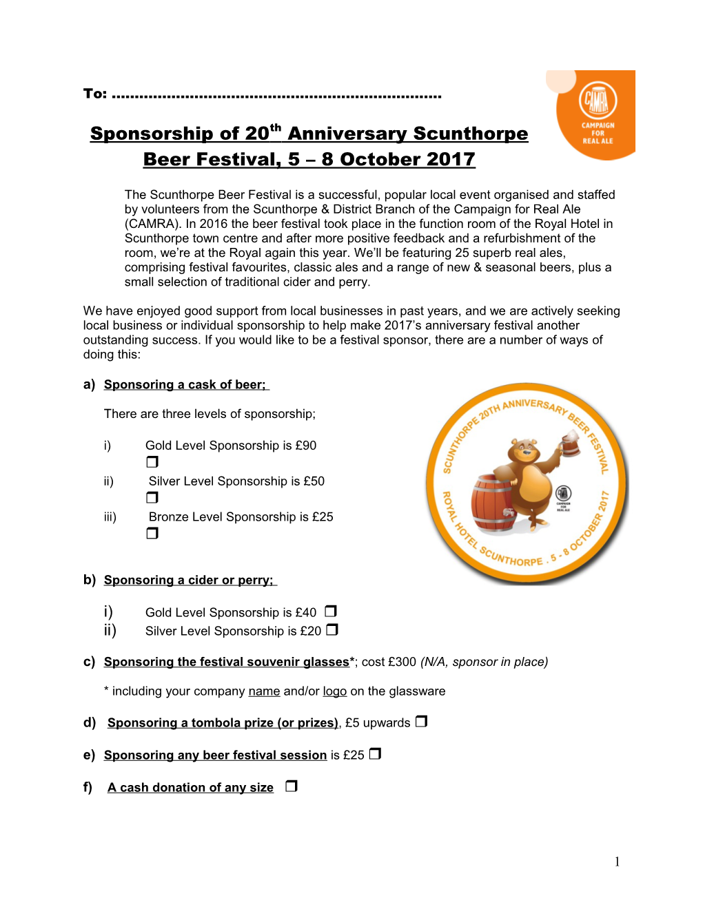 Sponsorship of 20Thanniversary Scunthorpe Beerfestival, 5 8 October 2017