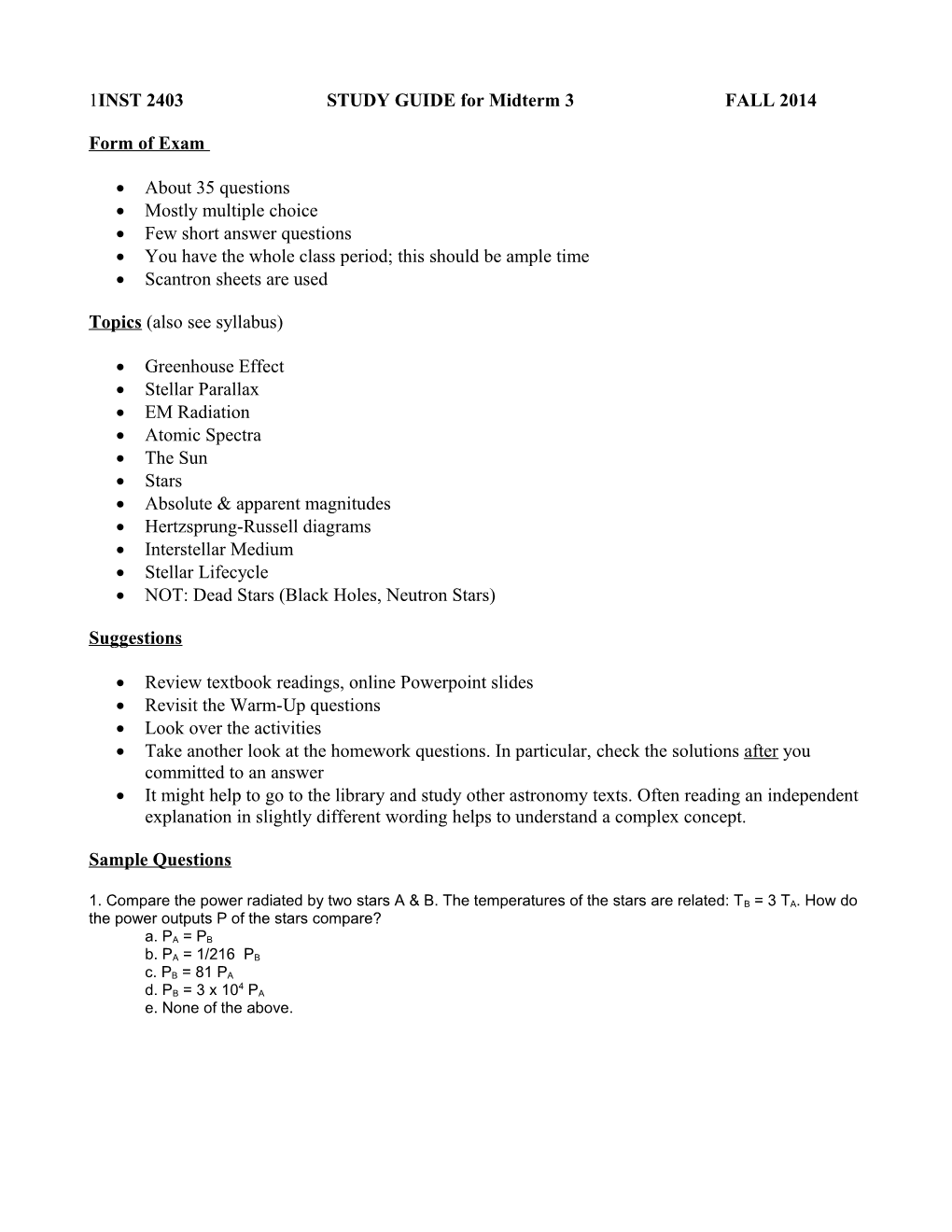 INST 2403STUDY GUIDE for Midterm 3FALL 2014