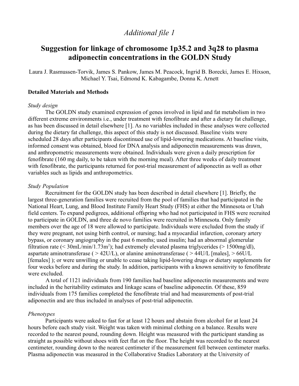 Suggestion for Linkage of Chromosome 1P35.2 and 3Q28 to Plasma Adiponectin Concentrations