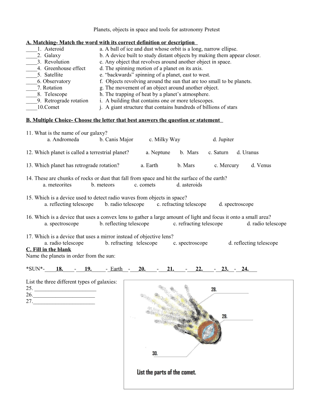 Planets, Objects in Space and Tools for Astronomy Pretest