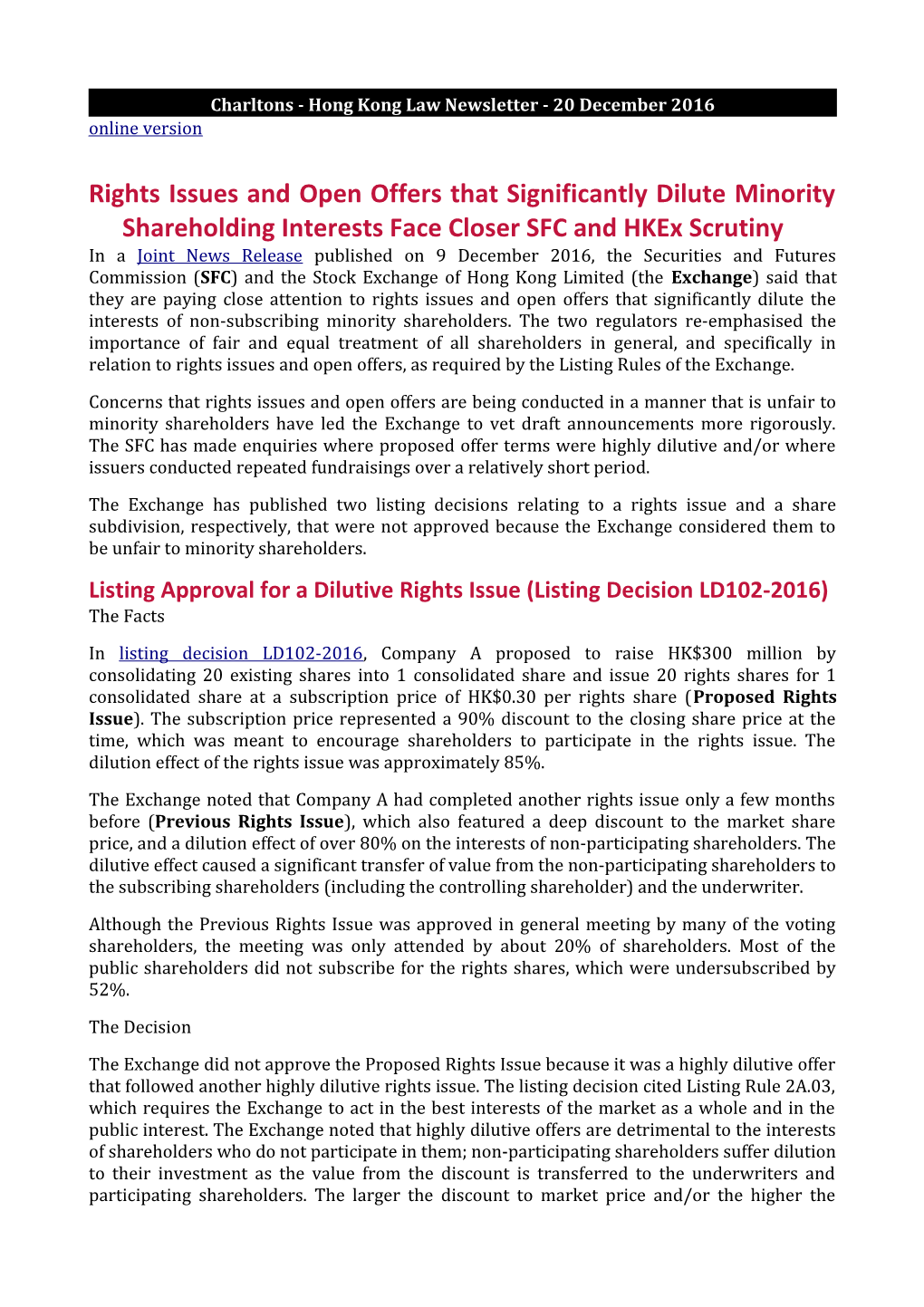 Charltons - Hong Kong Law Newsletter - 20 December 2016