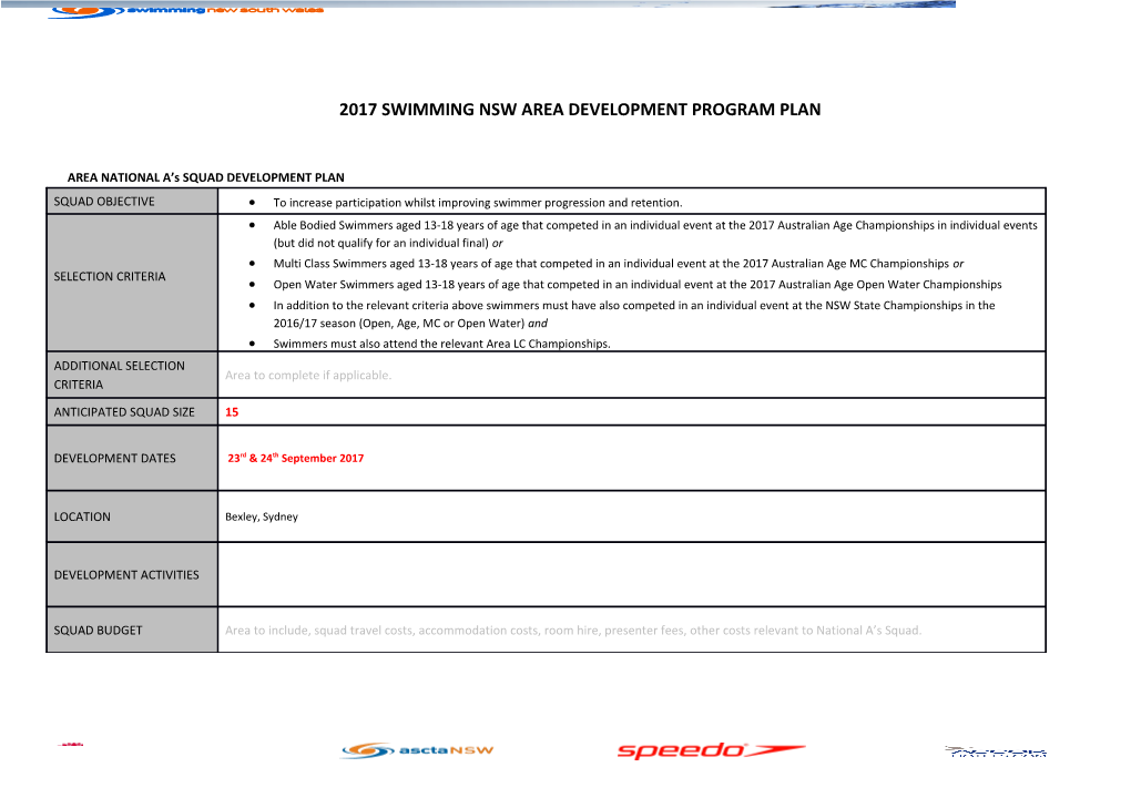 2017 Swimming Nsw Area Development Program Plan