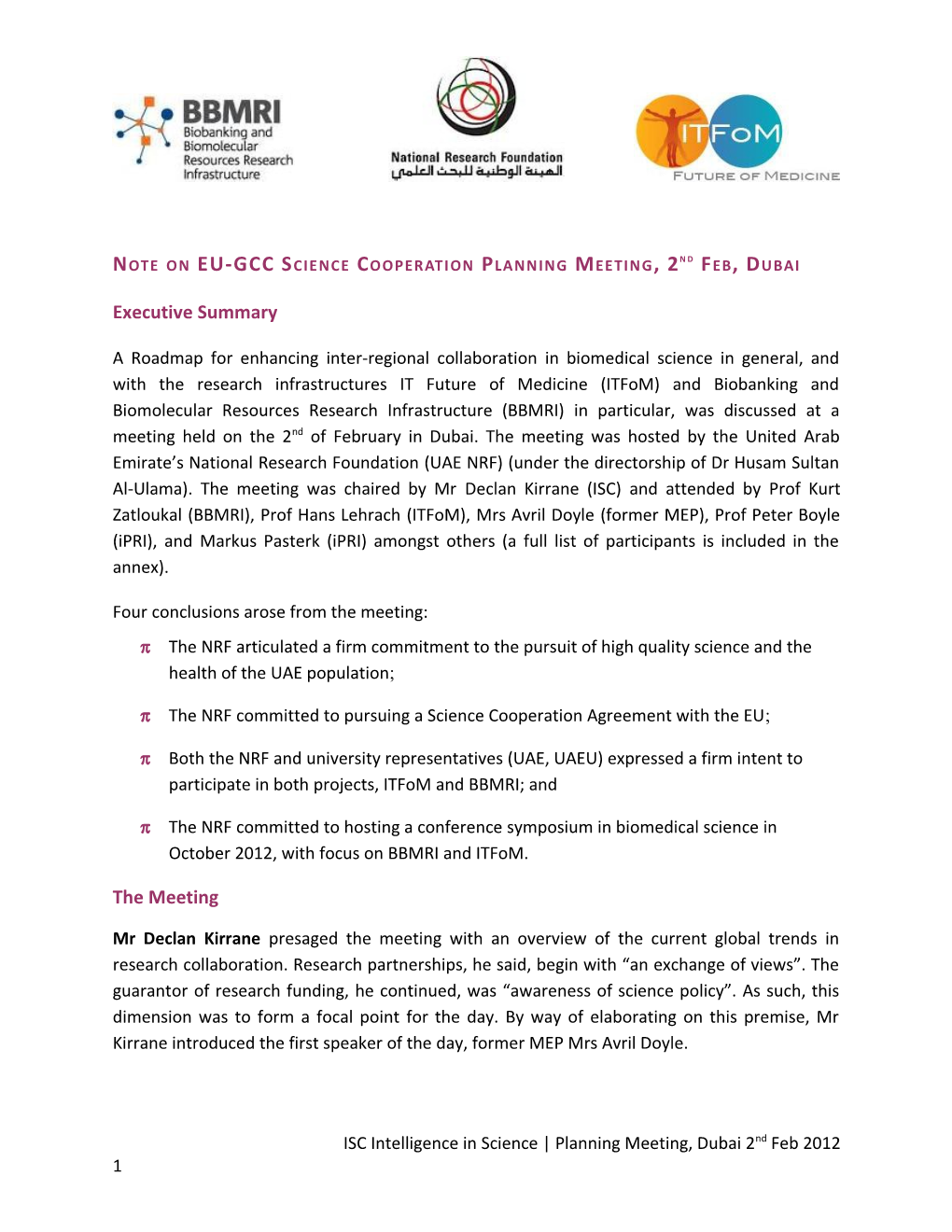 Note on EU-GCC Science Cooperation Planning Meeting, 2Nd Feb, Dubai
