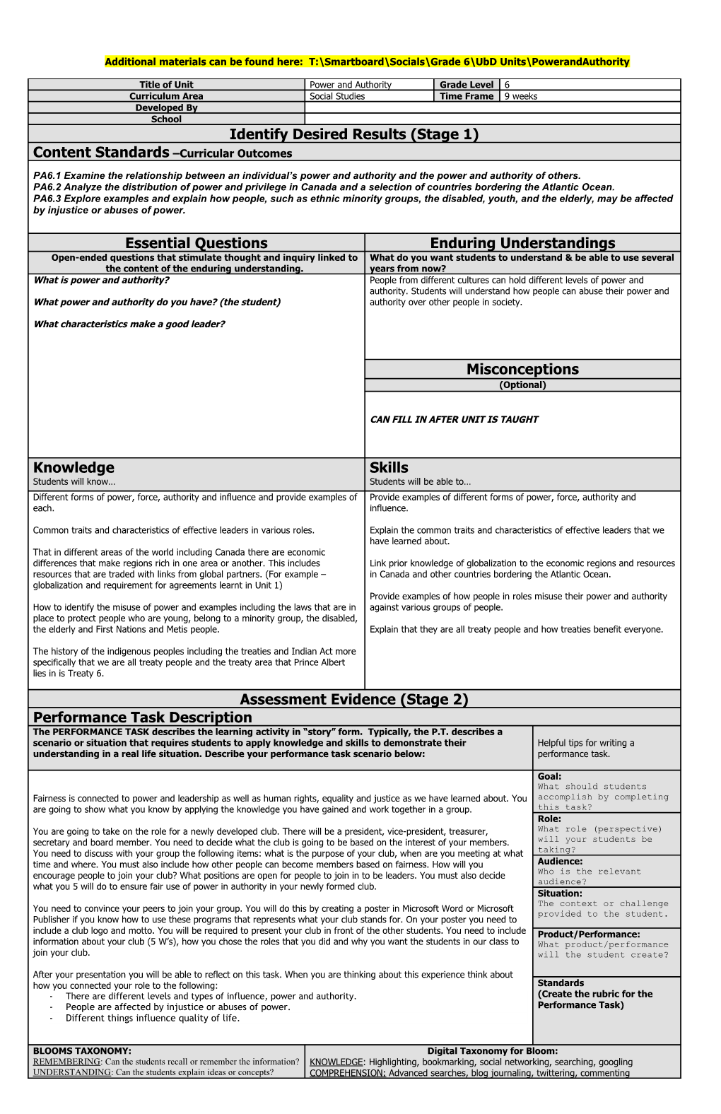 Additional Materials Can Be Found Here: T: Smartboard Socials Grade 6 Ubd Units