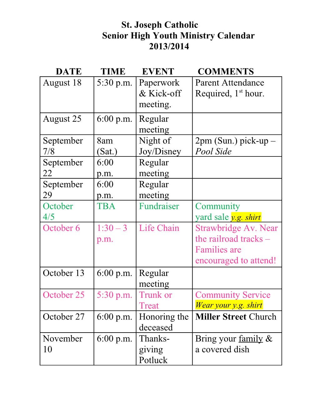 Senior High Youth Ministry Calendar 2013/2014