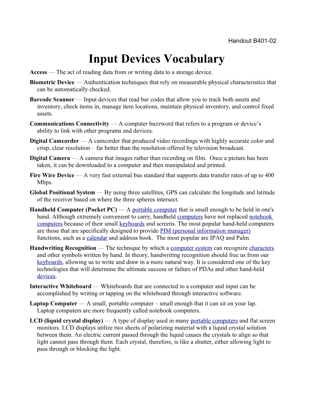 Input Devices Vocabulary