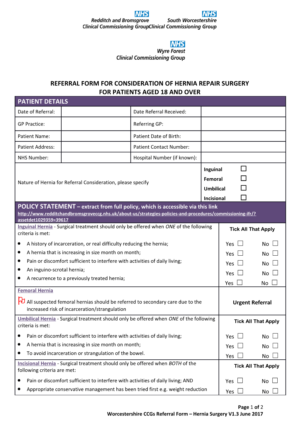 Referral Form for Consideration of Hernia Repair Surgery