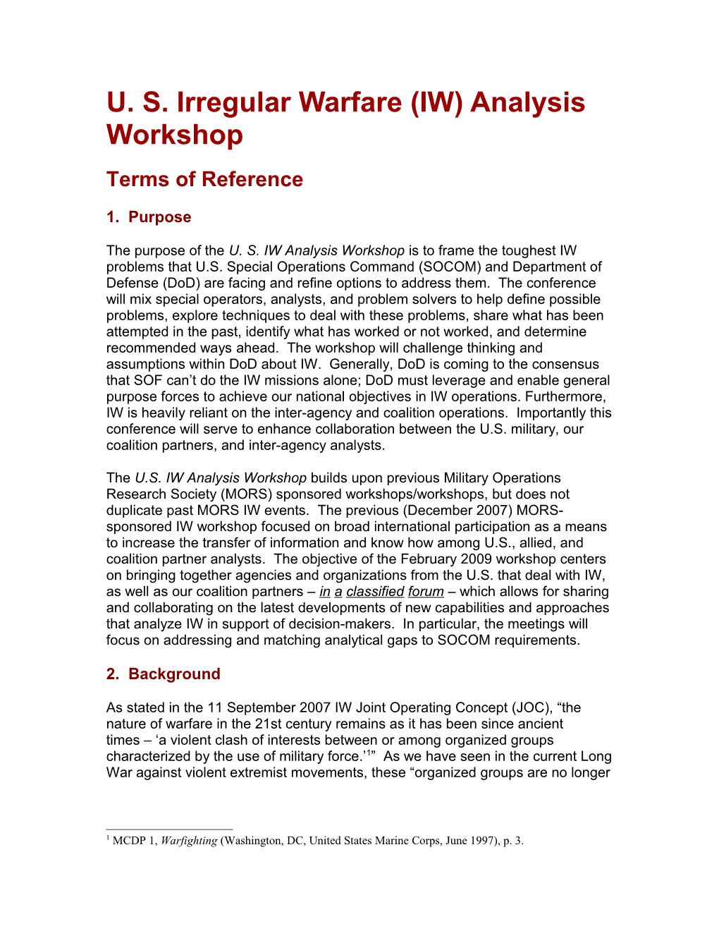 U. S. Irregular Warfare (IW) Analysis Workshop