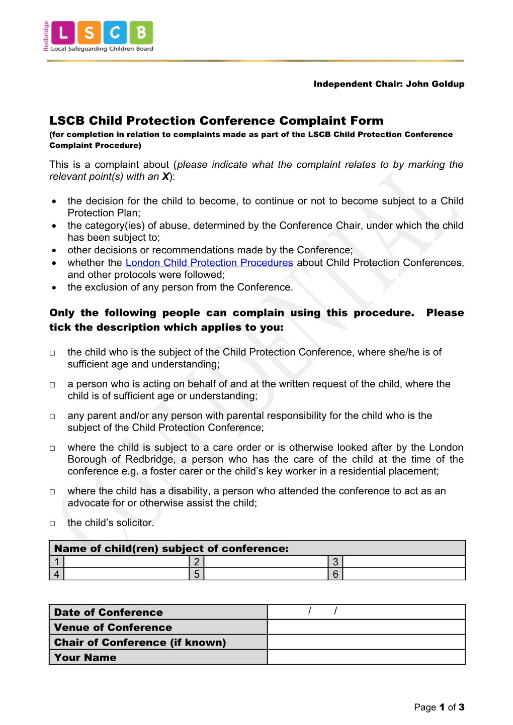LSCB Child Protection Conference Complaint Form