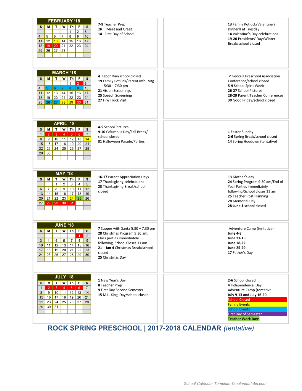 2017-18 Yearly School Calendar - Calendarlabs.Com