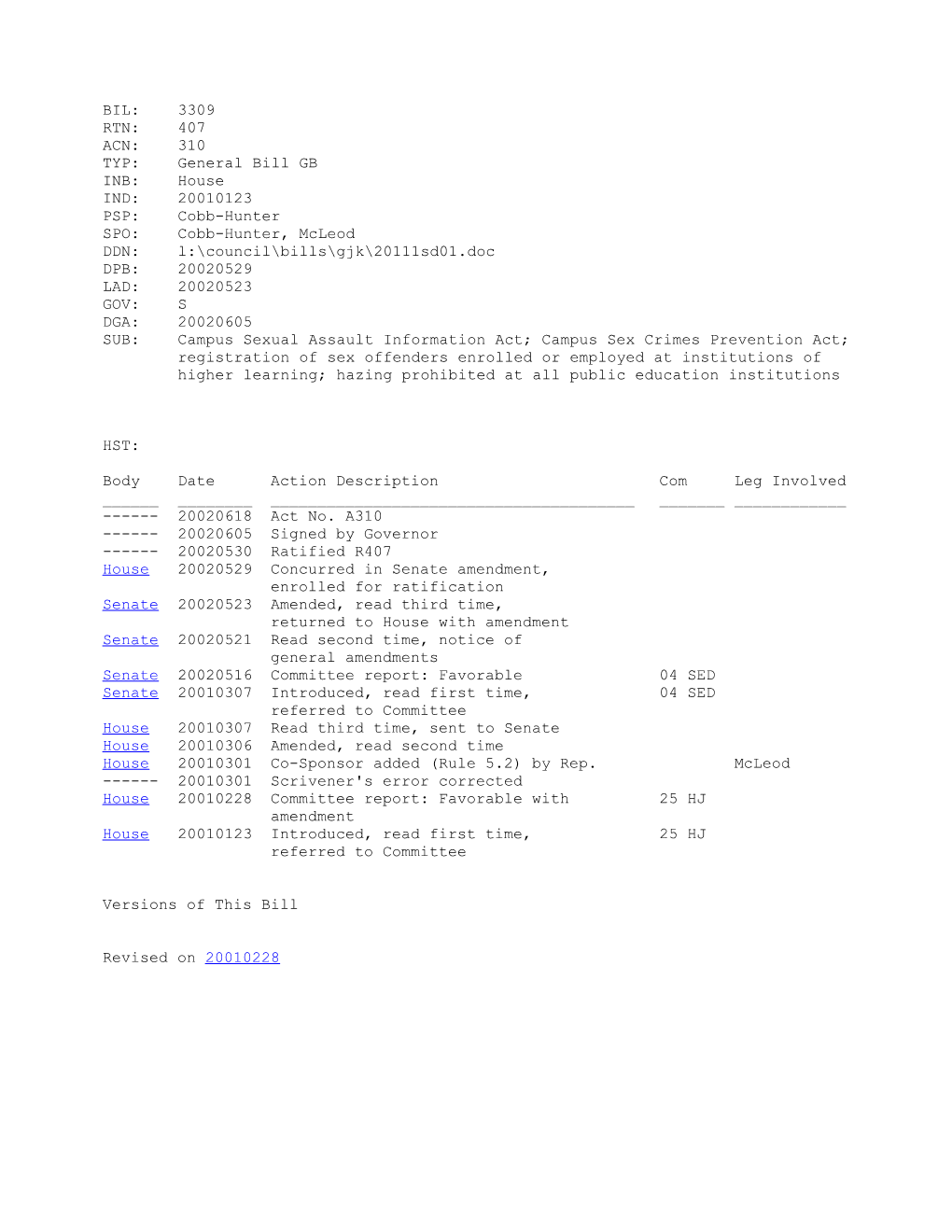 2001-2002 Bill 3309: Campus Sexual Assault Information Act; Campus Sex Crimes Prevention