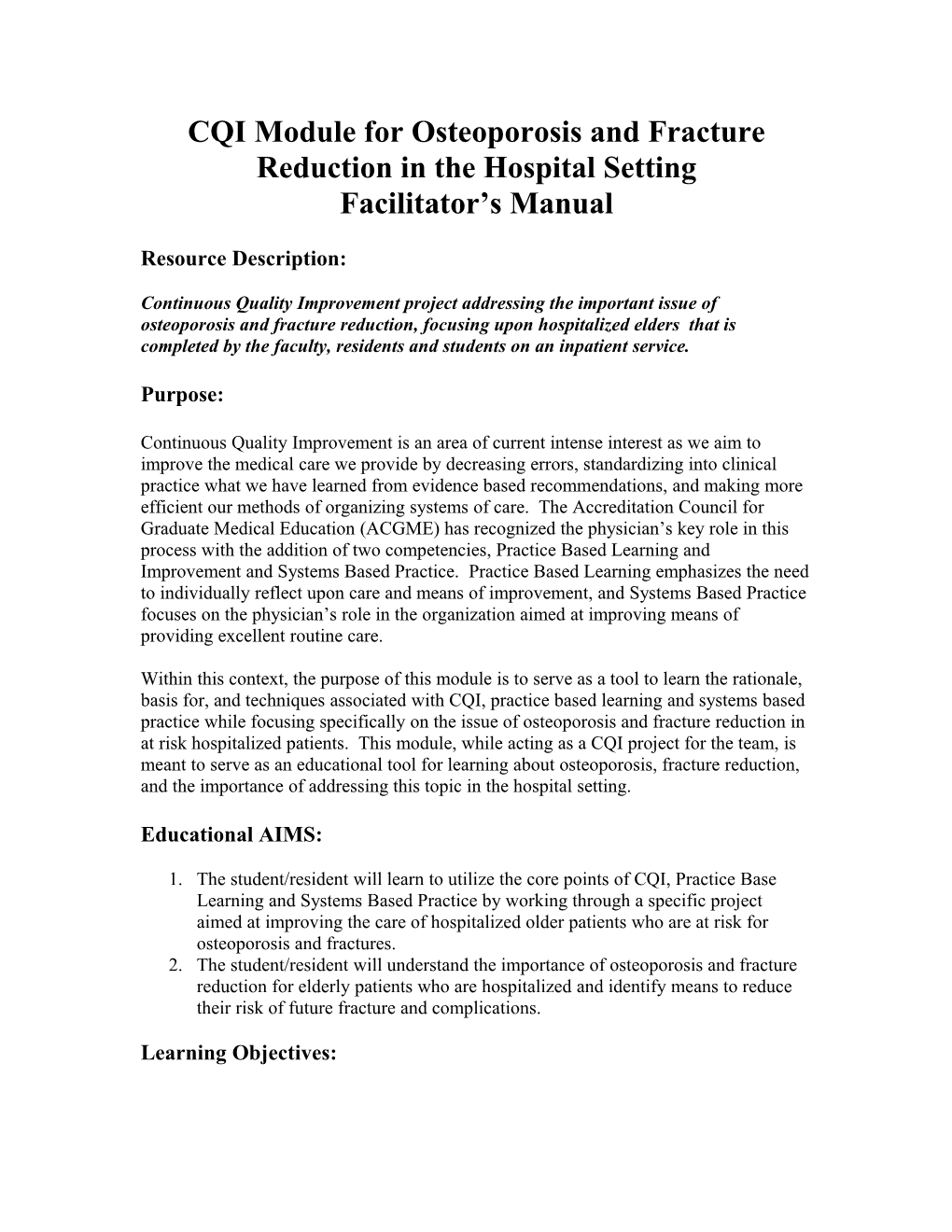 CQI Module for Delirium in the Hospital Setting