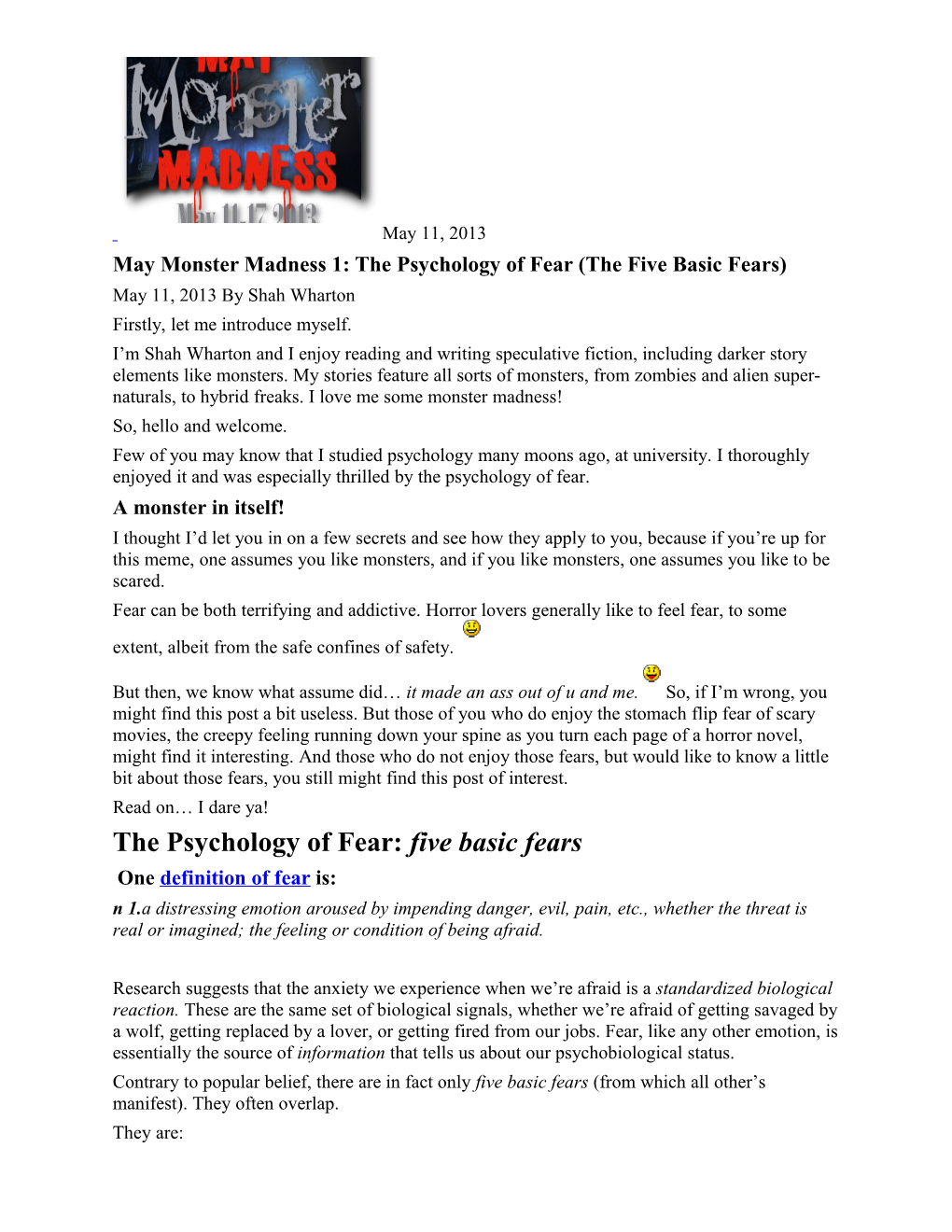 May Monster Madness 1: the Psychology of Fear (The Five Basic Fears)