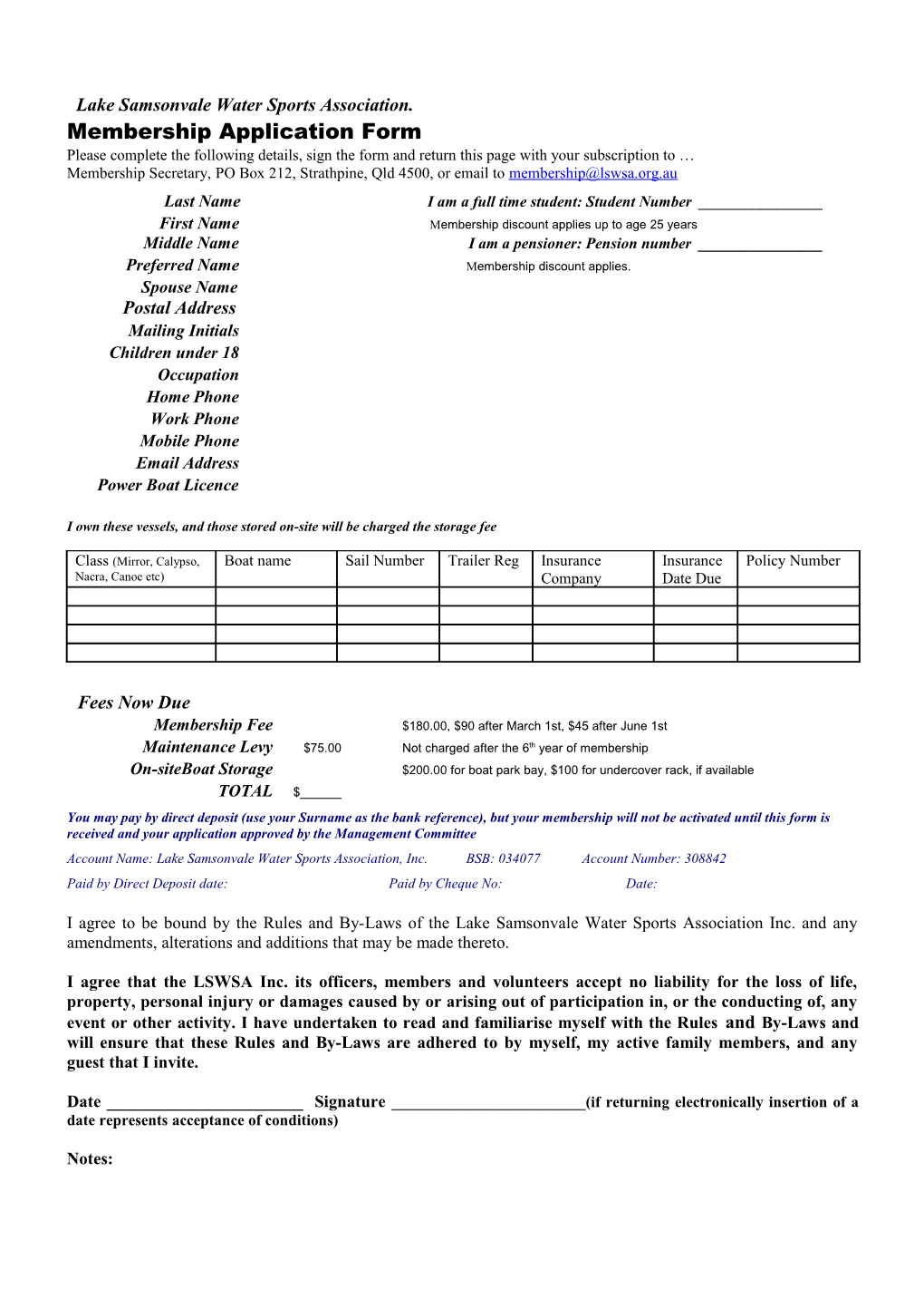 Lake Samsonvale Water Sports Association. Membership Application Form